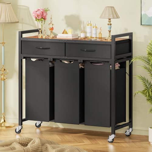 Image of Laundry Sorter 3 Section, 120 L Laundry Hamper with 2 Drawers & 2-tone Top Panel, Rolling Laundry Basket Organizer with Pull-Out Removable Oxford Fabric Bags for Laundry Room Organization UNZYL006BVV3
