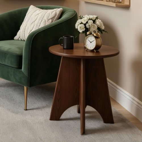 Round Side Table, Wood Panel Leg End Table Nightstand, Walnut | Round accent table with panel legs, sturdy wood build, ideal for bedroom, sofa side, or small apartment living room spaces Wal