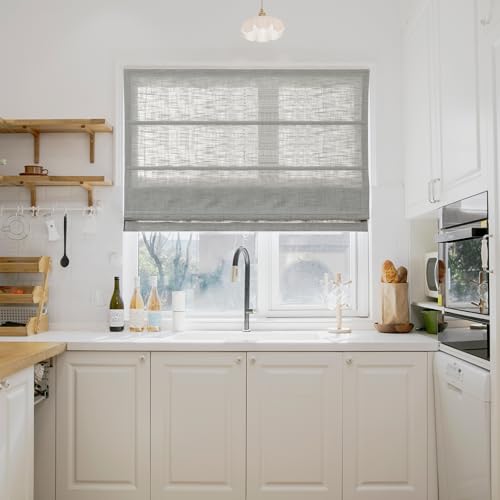 Image of TWOPAGES Liz No Drill Cordless Roman Shades Linen Textured Roman Blinds for Windows, Custom Made Room Darkening Blackout Roman Window Shades, Hardware Included, Fog, 1 Piece
