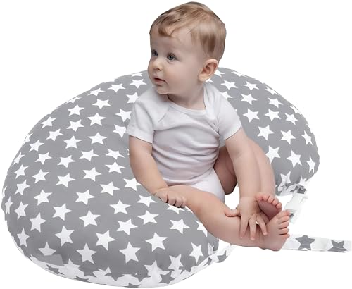 Image of Adjustable Baby Breast Feeding Pillow, Nursing Pillow, Maternity Feeding Pillow with Detachable Cover 0-24 Months Breastfeeding 24 x 22 x 6 inches (Grey & White Star)