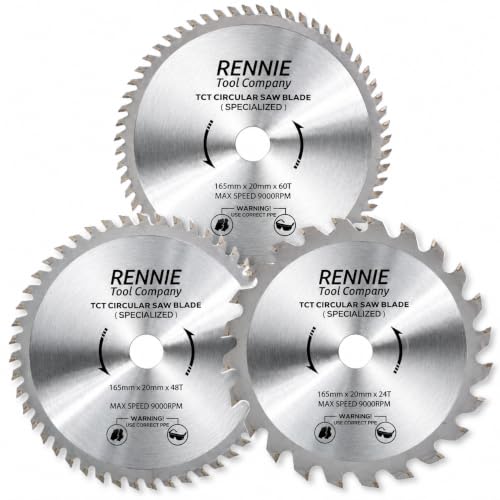 Rennie Tools - Pack Of 3-165mm x 24T 48T And 60T x 20mm Bore. 165mm Circular Saw Blades Medium/Fine Finish. Fits Bosch Makita Ryobi Dewalt DC390 DWE007 DCS391 DC391N Circular Saws etc Thin Kerf