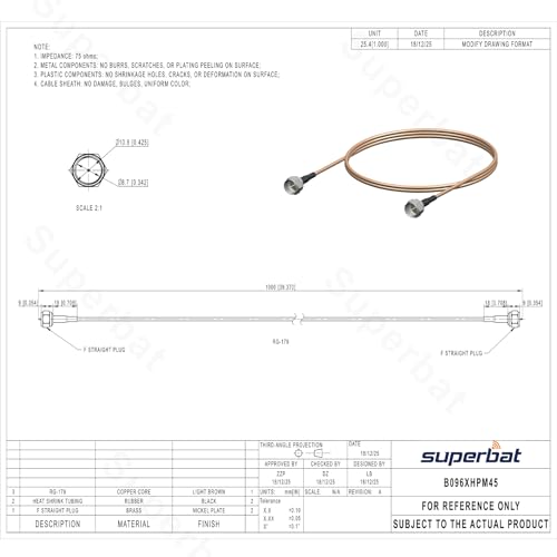 Image of SUPERBAT 3ft F-Type Coax Cable, 75 Ohm RG179, Male to Male, for TV, Modem, Tuner, Satellite, Digital TV Aerial, Broadband, High-Speed Internet