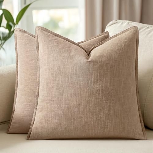 Image of Decorative Linen Solid Throw Pillow Covers 18x18 Inch Set of 2 Camel Boho Accent Farmhouse Pillows Modern Neutral Home Decor for Couch Sofa Living Room Bed
