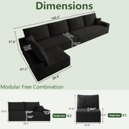 Image of Oversized Modular Sectional Sofa Couch, Large 6 Seater Corner Sofa Modern L Shaped Sectional Couch Cloud Couches for Living Room, Office, Spacious Space, Corduroy, No Assembly Required, Black