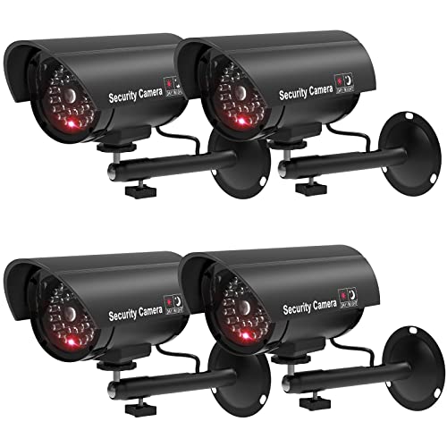 WALI Bullet Dummy Fake Surveillance Security CCTV Dome Camera Indoor Outdoor with one LED Light, Security Alert Sticker Decals (TC-B4), 4 Packs, Black