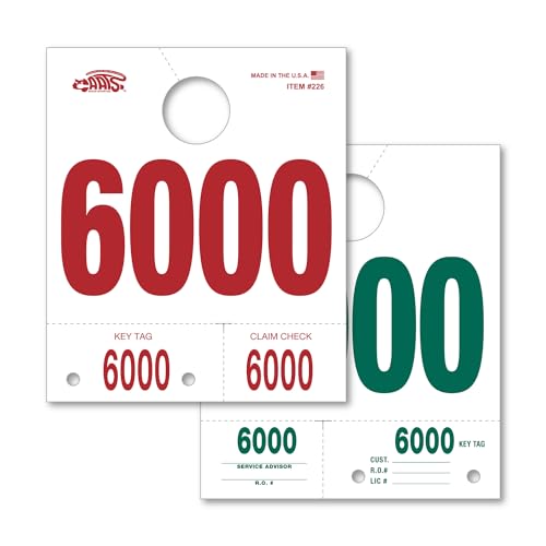 Car Service Dispatch Numbers – 3-Part Perforated Mirror Hang Tags for Auto Repair Shops, Dealership Service Departments, Vehicle Tracking & Claim Check System - Numbers 6000-6999, 1000 Count