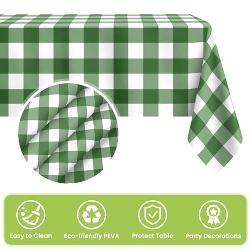 Image of Mulbozy Sage Green Gingham Tablecloth 4 Pack, 54 x 108 Inch Plastic Table Cloth Disposable, Sage Green and White Checkered Table Cover for Party Supplies
