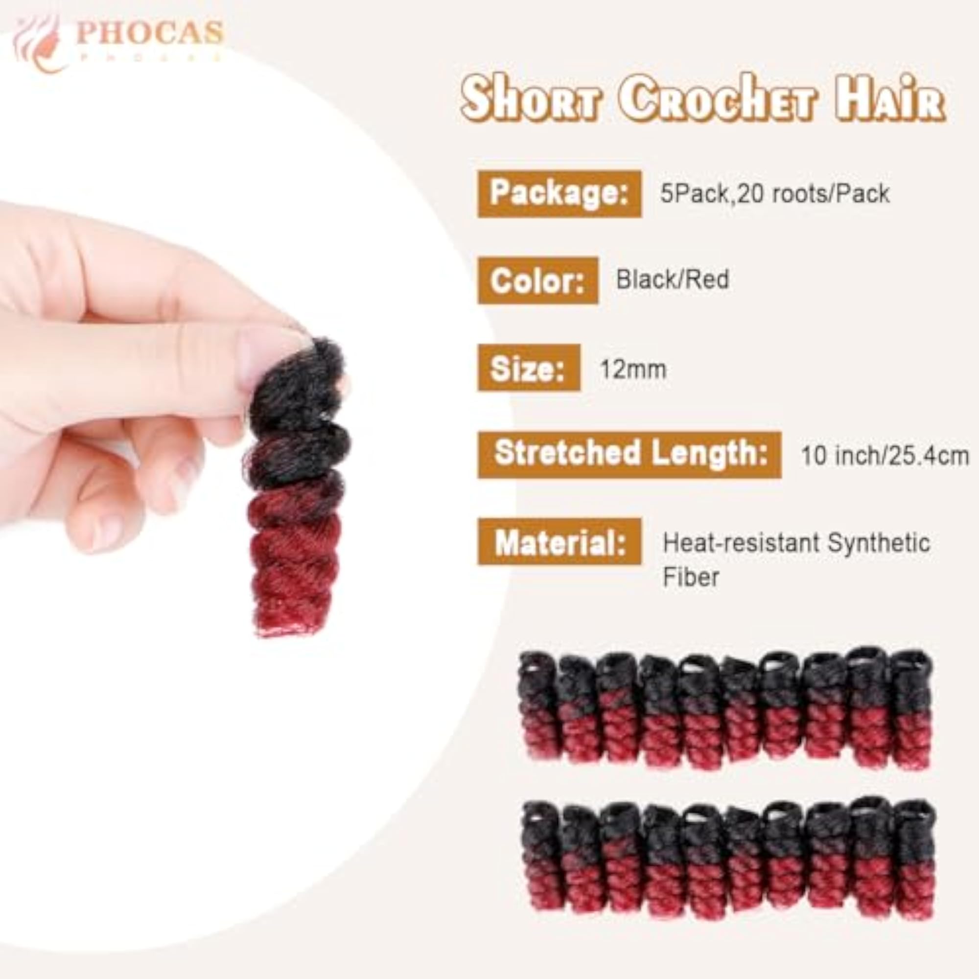 Synthetic Curly Crochet Hair 10 Inch, Black/Red, 5 Packs