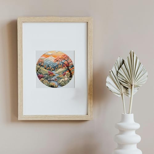 Image of FONNUY Embroidery Kit for Beginners, Boho Nature Landscape Pre-Stamped Pattern Kits for Adults with Hoop, Easy to Follow Color Thread Needlework, 8'' Hoop (Mountain Stream)