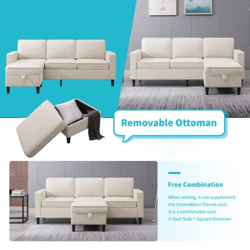 Cecer Convertible Sectional Sofa Couch, 3-Seat L-Shaped Couch With Storage Ottoman, Couches With Linen Fabric, Chasie Lounge For Small Space-Apartment/Upstairs Loft/Living Room (Beige) #TOP5