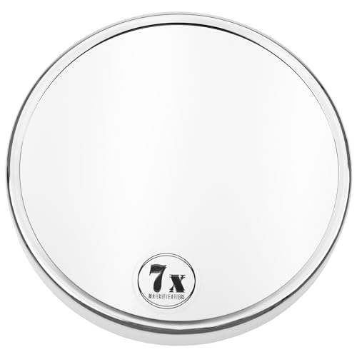 Fantasia Cosmetic Magnifying, Portable Travel w/Synthetic Frame and Suction Cups, Round Makeup Mirror with x7 Zoom for Shaving, tweezing, Hairdressing, etc, Silver, Ø 15cm, 7X, Metall