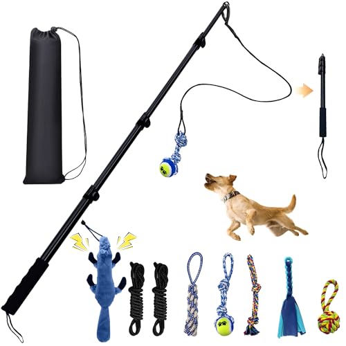 GRETMIX Flirt Pole for Dogs, Interactive Toys Tug-of-war for Dogs, Four-Section Retractable Adjustable Length, Chase Toys with Rope Chewing Sticks, for Outdoor Exercise & Training