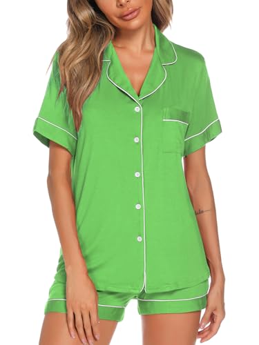 Image of Aamikast Button Up Pajama Set for Women Shorts Short Sleeve Knit Sleepwear 2 Pice Pjs Sets