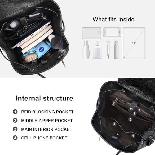 Image of BOYATU Leather Backpack Purse for Women Fashion Design Ladies Shoulder Bag | Full-Grain Leather | Work Commuter & City Travel | Fashion RFID Pocket Bag | Compact Everyday Essentials (Black)