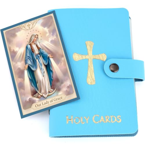 MotiMind 2 pcs Holy Card Holder with Our Lady of Grace Card Blue Leather
