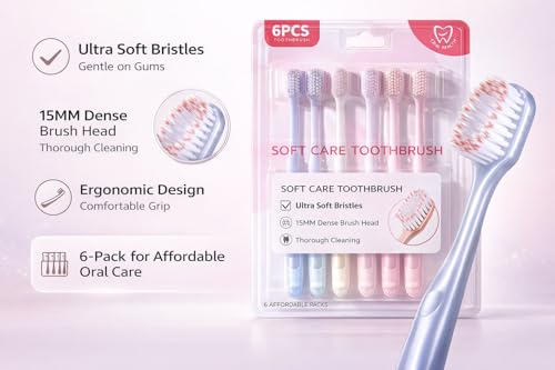 Image of Ultra Soft Bristle Toothbrush Set 6 PCS Manual Toothbrush with 15MM Dense Brush Head Soft Care Toothbrush Pack