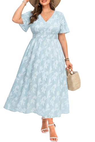 Image of Pinup Fashion Plus Size Wedding Guest Chiffon Semi Formal Maxi Dress | Chiffon, V-neckline, short sleeves, shirred waist, textured floral pattern, maxi length, versatile for all seasons
