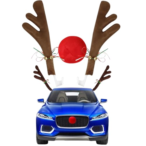 TTYRBF Car Christmas Decoration, Car Reindeer Antlers and Nose Set, Brown Christmas Reindeer Car Costume Christmas Antlers for Truck SUV Car Decor,Xmas Gift Set