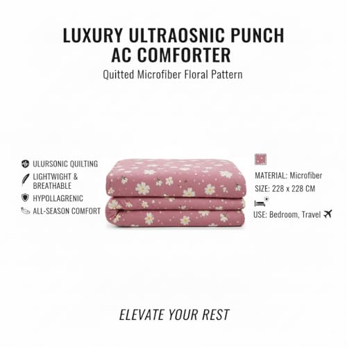 Image of IVAZA Luxury Ultrasonic Punch AC Comforter Blanket - Quilted Microfiber Floral Pattern, Lightweight Breathable All‑Season Blanket for Bedroom, Travel (Singled Bed,228x152 CM) (Pink Grey