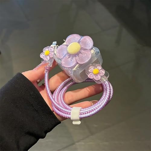 Image of Protective Charger Case for iPhone 18W 20W iPhone 17 16 15 14 13 12 11 Pro Max Charging Cable Charger Protective Cover Data Cable Protective Sleeve-Purple ND Yellow Flower