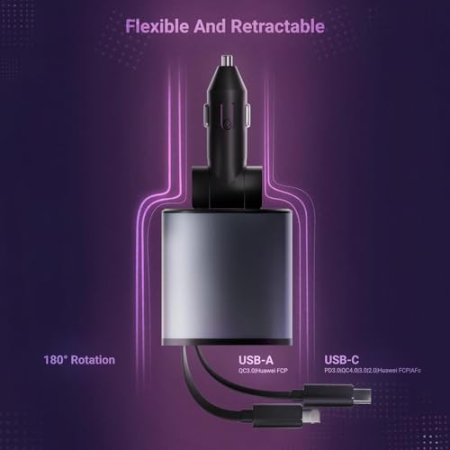 Image of AILKIN 120W 4 in 1 Retractable Car Charger,Car Phone Charger, Retractable Cables & 2 USB Ports Car Adapter for Android Phones & iPhone 17 /16 /15 /14 /13 /12 /11 Pro Max,Xr,Ipad & Other Smartphones