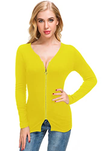 Image of Afibi Women V Neck Zip Front Long Sleeve Casual Top Blouse Shirt /Cardigan