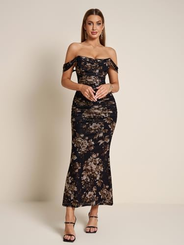 Image of KUTUMAI Off The Shoulder Maxi Long Dress Corset Ruched Bodycon Cocktail Formal Wedding Guest Dresses for Women
