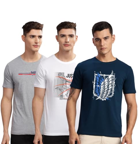 Image of ADRO 100% Cotton Lycra Tshirts for Men Combo Pack of 3 | Regular Fit | Printed T Shirt | Round Neck Half Sleeve| Mens Tshirts
