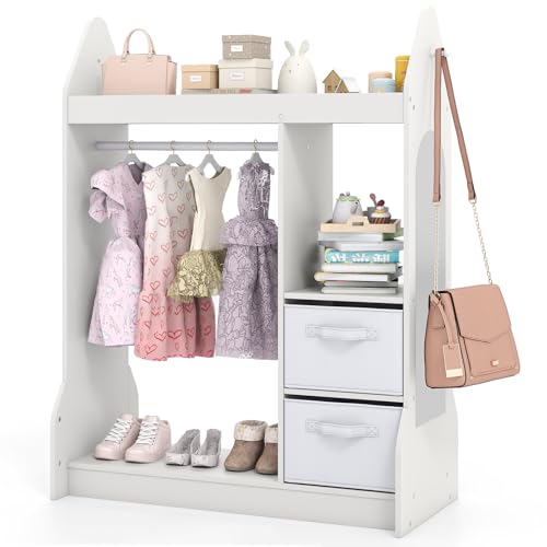 COSTWAY Portant à Vêtements Enfant avec Miroir en Acrylique & Cintre en Bois, Penderie Enfant avec 3 Étagères Ouvertes & 2 Bacs en Tissu, Garde-Robe pour Chambre...