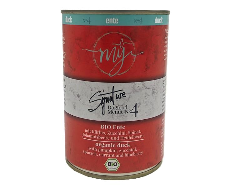 My Nassfutter Bio-Ente mit Bio Kürbis, Bio Zucchini, Bio Spinat und Bio Johannisbeeren 410g Dose mÿ Hundefutter ohne Konservierungsstoffe, künstliche Aromastoffe, Farbstoffe & Lockstoffe