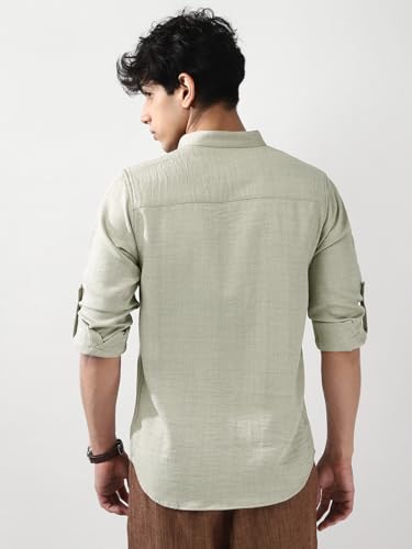 Image of Urbano Fashion Men's Linen Blend Full Sleeve Relaxed Fit Mandarin Collar Casual Solid Shirt