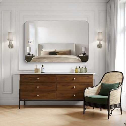 Image of KOCUUY Silver Bathroom Mirror, 55x36 Inch Large Bathroom Mirror for Over Sink, HD Tempered Glass, Anti-Rust Brushed Silver Frame, Rounded Corner Modern Design for Bathroom, Hang Horizontal /Vertical