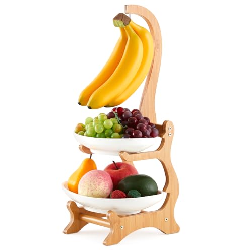 Willinglong Frutero de cerámica con colgador de plátano, soporte de cesta de frutas de 2 niveles, soporte de bambú extraíble para colgar plátanos para encimera de cocina, suministros de almacenamiento