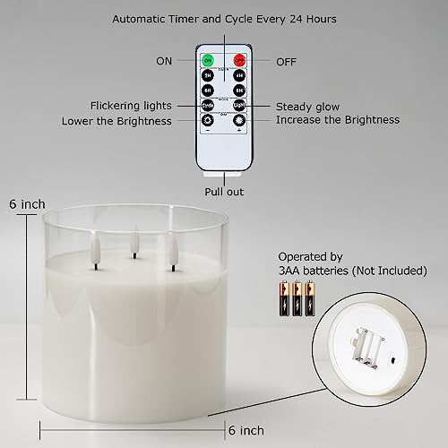 Image of Homemory 6X6'' Extra Large Flameless Candle with 3 Wicks, Glass LED Pillar Candle, Real Wax Battery Operated Candle with Remote Control and Timer, Pure White