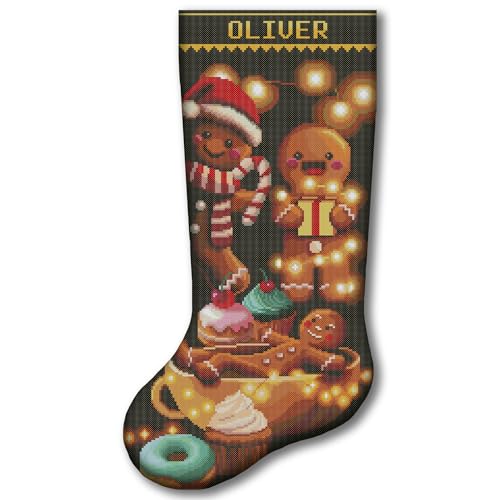 Christmas Stocking Cross Stitch Kit 2-in-1 Stamped or Counted Cross Stitch Cute Gingerbread Cookies & Holiday Lights Design Personalized DIY Holiday Stocking Embroidery Kit for Adults Beginners