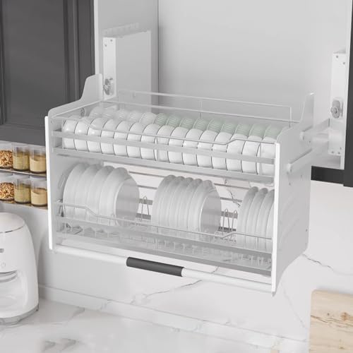 Heavy-Duty Dish Rack Organizer, Metal Pull Down Shelf for Kitchen Cabinet, Space-Saving Lifting Basket, Drop Down Shelf for Blind Corner Storage