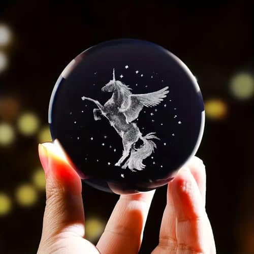 Image of 3D Galaxy Crystal Ball Night Light | Dimmable Engraved LED Glass Ball Table Lamp with USB and Wooden Base for Home Decor, Office, Birthday Gift & Kids Bedroom (Unicorn)