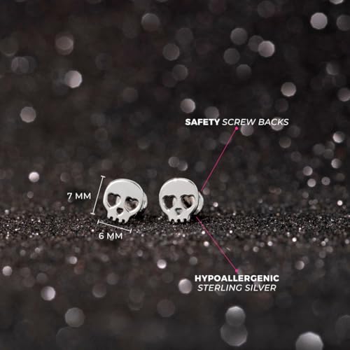 925 Sterling Silver Heart Eye Skull Safety Screw Back Earrings For Little Girls & Preteens - Adorable Children's Halloween Earrings - Tiny Polished Skull Earrings For Young Girls4