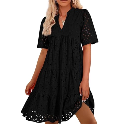 The Beauty North Eyelet Dress, Women's Elegant Hollow-Out V-Neck Short Sleeve Casual Ruffle Mini Dress