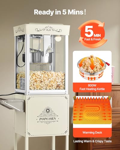 Image of VEVOR Popcorn Machine with Cart, 8oz Stainless Steel Kettle, 800W Commercial Popcorn Maker, 48 Cups per Batch Theater Style Popper, with 2-Button Control Glass Wall PC Door 1 Scoop 3 Spoons, White