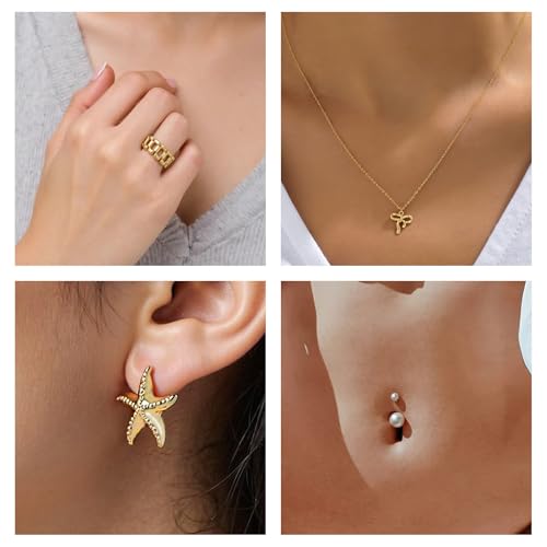 Gold Jewelry Set for Women,53 PC Gold Plated Jewelry Set with 9 Necklace, 9 Bracelet, 25 Ear Cuffs Earring, 5 Ankle Bracelets ,2 Rings and 3 Belly Button rings for Women Valentine Anniversary Birthday Gifts (49PC)2