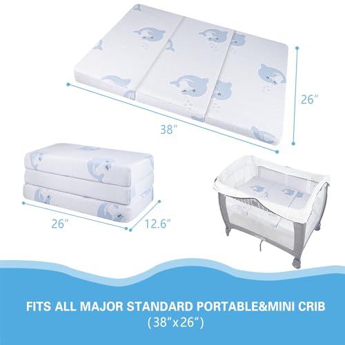 Image of Trifold Pack and Play Mattress (38 inchx26 inchx3 inch) - Dual-Sided Soft & Firm Memory Foam Mattress, Foldable Portable Crib Mattress with Carrying Bag, Breathable & Washable Cover, Fits Standard