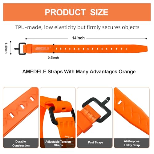 AMEDELE 4 Pack Lashing Straps with Buckles,Adjustable Utility Tension Straps,Simple Tie-Downs Straps for Securing Bike Moto Luggage,Garden Hoses,Skis,Wires and Cables,Orange,14\" - Thumbnail 2