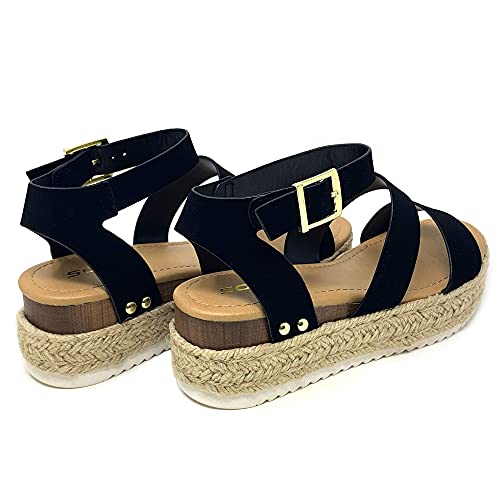 Soda Women Top Shoe Bryce Open Toe Buckle Ankle Strap Espadrilles Platform Wedge Casual White Sandal, 9, Black Nbpu #TOP2