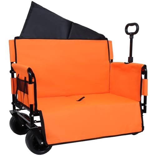 Image of 3-in-1 Convertible Folding Wagon Cart with Bench Seat & Storage - 500lbs Heavy-Duty Utility Wagon, 180L Capacity All-Terrain Wheels for Camping, Beach, Sports, Garden (Orange)