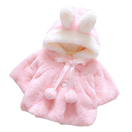 Baby Girl Winter Fleece Coat Rabbit Hooded Cloak Jacket Warm Thicken Outerwear (Pink Rabbit Ear, 0-9 Months)