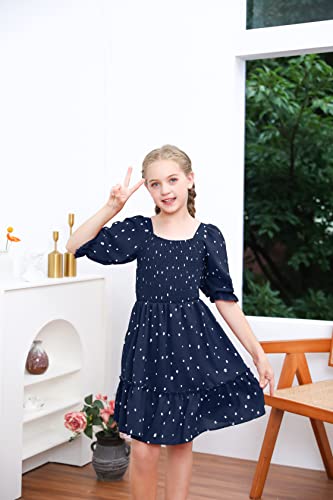 Girls Dress Sweet & Cute Puff Sleeve Square Neck Ruffle Whimsy Polka Dot Ruffle Swing Dress 5-14(11-12 Years)4