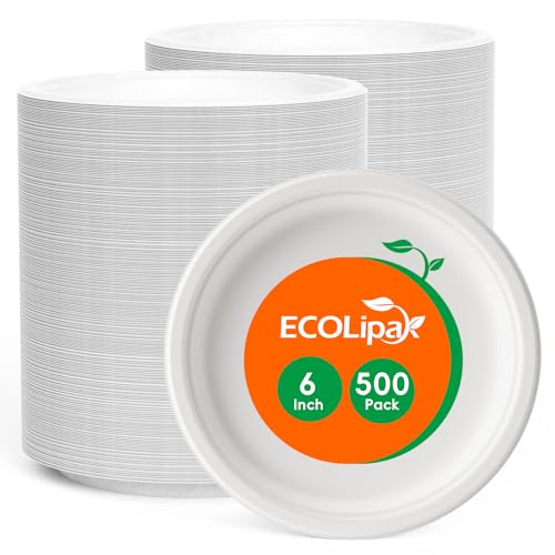 ECOLipak 6 Inch Disposable Compostable Small Paper Plates, 500 Pack