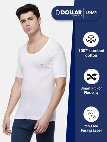 Image of Dollar Lehar Men Combed Cotton Round Neck with Sleeve Vest -White