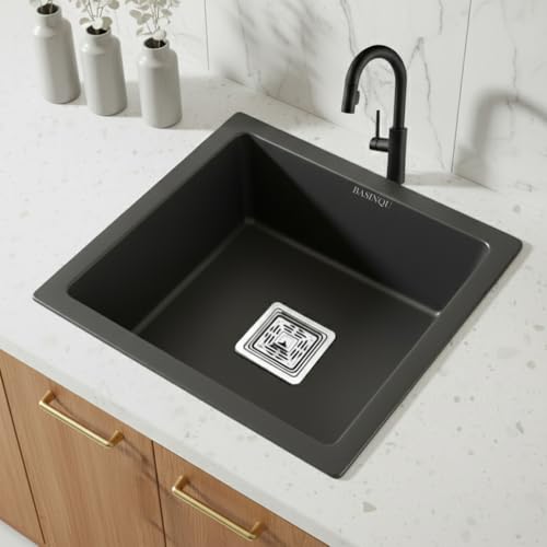 Image of BASINQU Quartz Sink for Kitchen | 18x16x9 Inches Black Single Bowl Kitchen Sink | Granite UV Protected, Granite Scratch Resistant, Undermount /Topmount